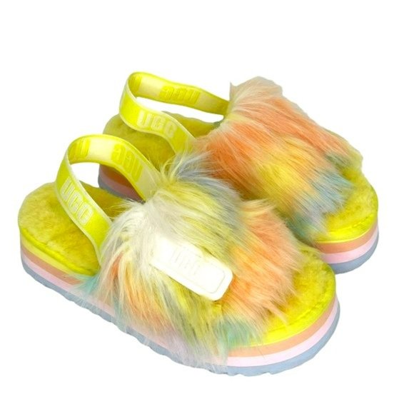 UGG Shoes - Ugg Fluffy Yeah Disco Tie Dye Rainbow Furry Sling Back Slide Sandals Size 8